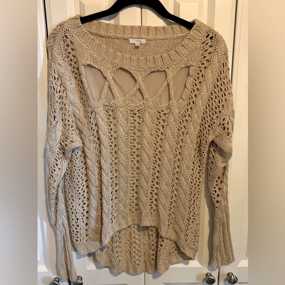 Neely Tan Crochet Long Sleeve Sweater-S